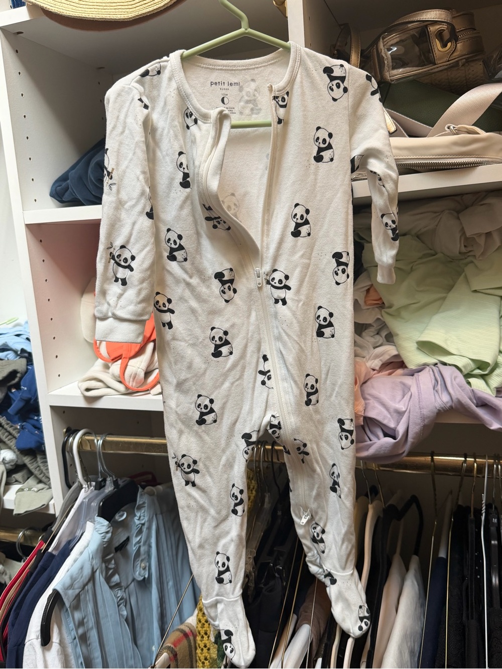 Petit Lem White Panda Print Footed One-Piece Sleeper